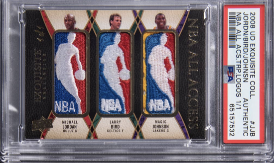 #7 Card: 2008-09 UD Exquisite Collection NBA All Access Triple Logoman #TRIP-JJB Michael Jordan/Larry Bird/Magic Johnson Game-Used Patch Card (#1/1) – PSA Authentic, sold for $540,000