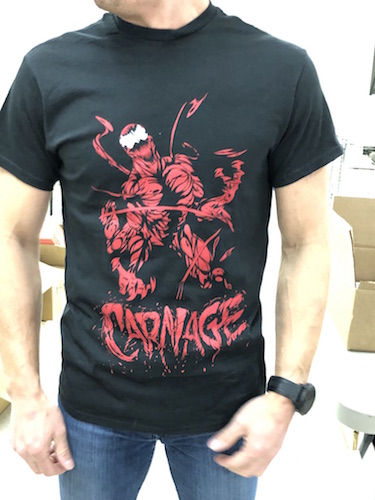 Marvel Comics T-shirts: Carnage, in-store at DotCom Comics and Collectibles, 136 Main Street, Portland, ME, 04032