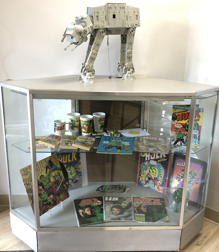 The shrine to vintage Incredible Hulk collectibles at DotCom Comics, guarded by our in-store AT-AT security!