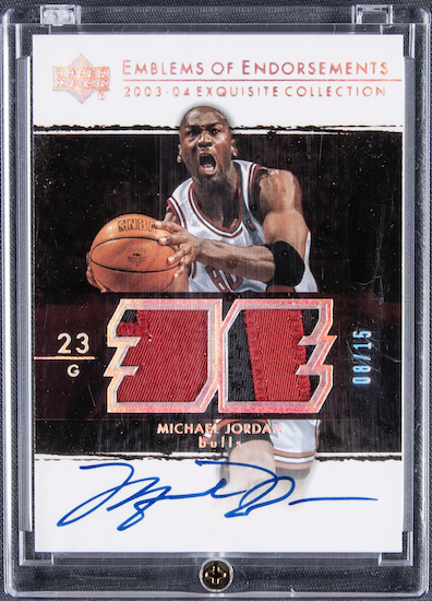 #9: 2003-04 UD "Exquisite Collection" Emblems Of Endorsement #EM-MJ Michael Jordan Signed Game Used Patch Card (#08/15) - BGS GEM MINT 9.5/BGS 10 Population '1 Of 1' Highest Graded, sold for $511,200