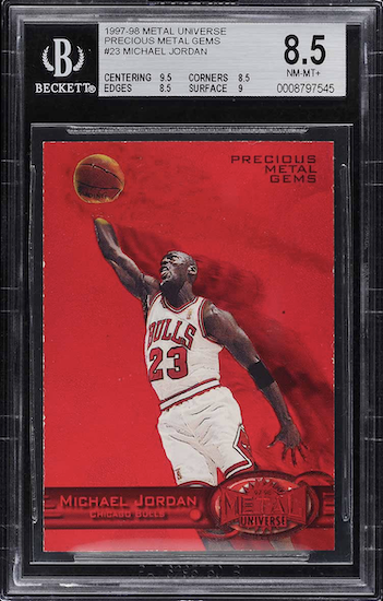 #6: 1997 Metal Universe Precious Metal Gems Michael Jordan PMG RED /100 #23 BGS 8.5, sold for $564,000