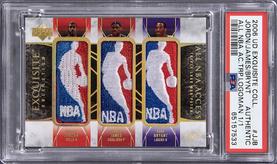 #2: 2006-07 Upper Deck Exquisite Collection All NBA Access Triple Logoman #TL-JJB Michael Jordan/LeBron James/Kobe Bryant Game-Used Logoman Patch Card (#1/1) – PSA Authentic, sold for $1,680,000.00
